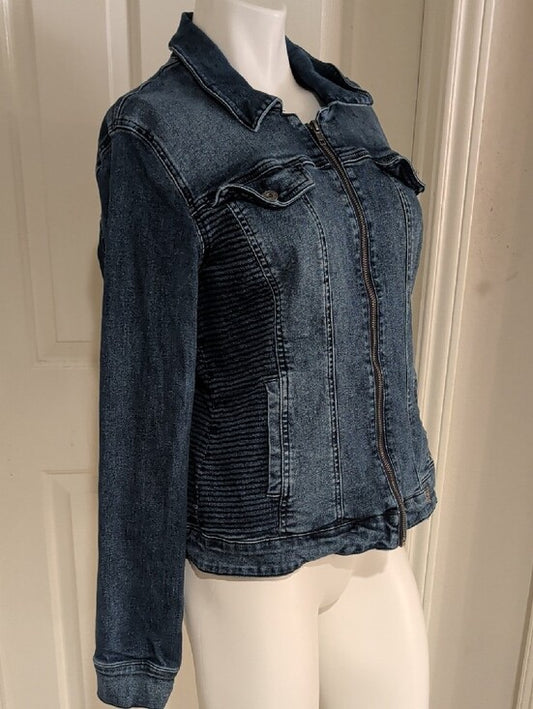 Guess Dark Indigo Blue Zip-Front Textured Denim Jacket Women's XL Stretch