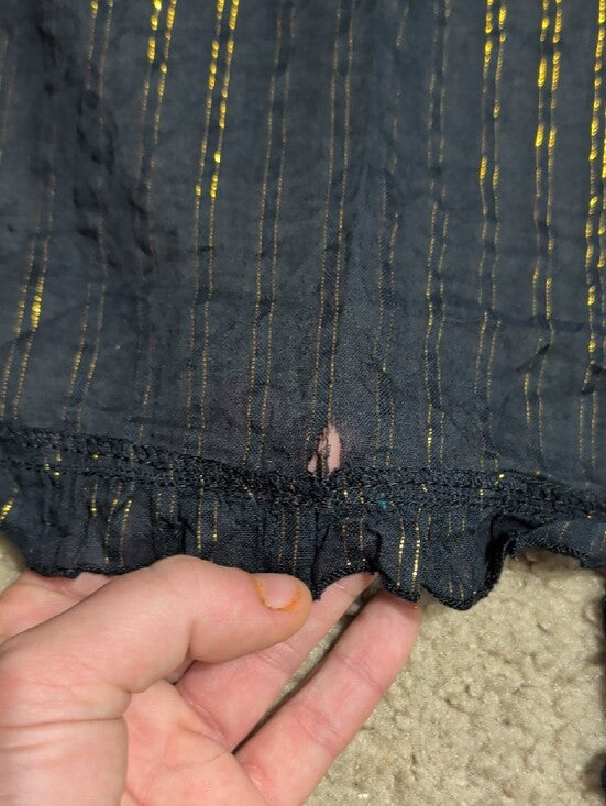 Authentic VTG Juicy Couture Black Cardigan w/ Gold Metallic Stripes Ruffle Trim Women's L