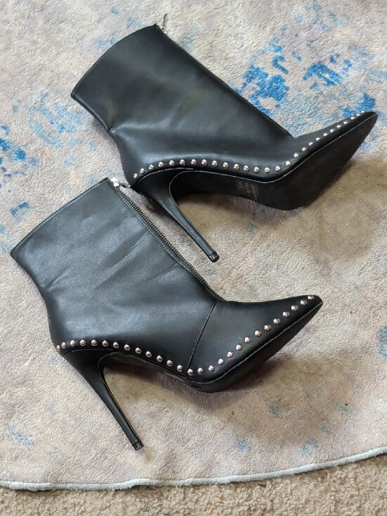 Women's Black Studded Pointed-Toe Stiletto Ankle Boots Sz 9
