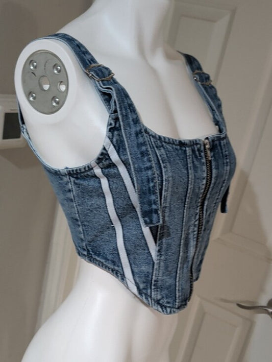 Micas Blue Denim Zip-Front Cropped Tank Top Adjustable Buckle Straps Women's M
