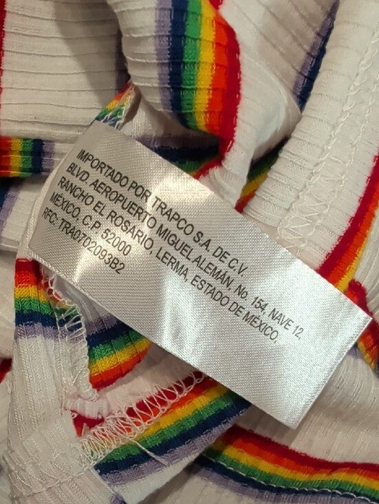 Shasa White Ribbed Crop Top with Rainbow Stripes Women's Small