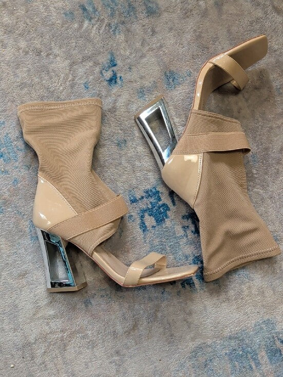 Azalea Wang Nude Stretch Sock Sandal Heels w/ Metallic Block Heelk Women's 7 US
