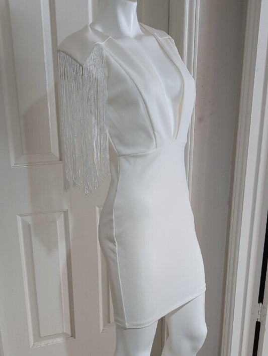 NWT Valiant Paris Chic White Fringe Sleeve Plunge Mini Dress Women's Medium