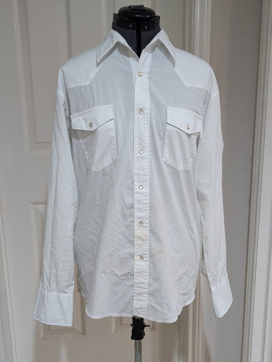 Classic Wrangler White Western-Style Button-Up Pearl Snap Shirt Sheer Retro Men's Large Tall