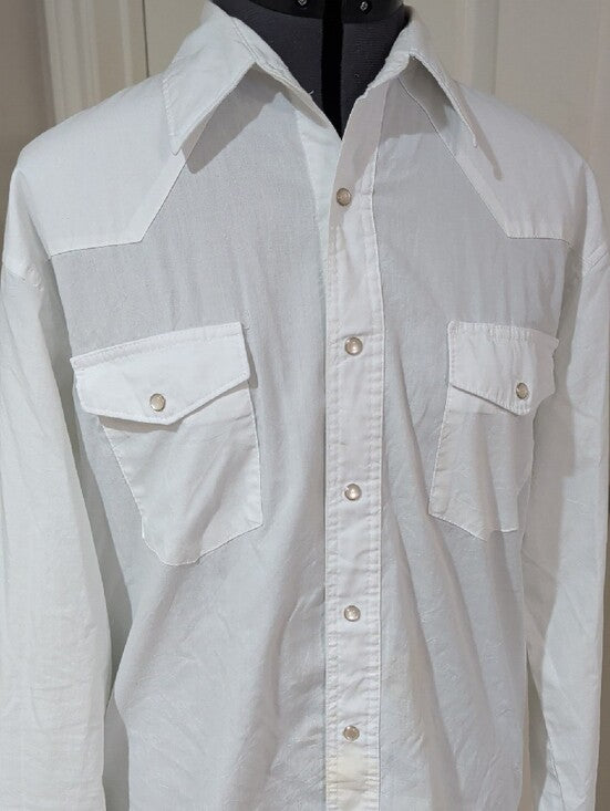 Classic Wrangler White Western-Style Button-Up Pearl Snap Shirt Sheer Retro Men's Large Tall
