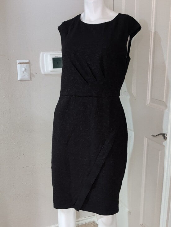 NorthStyle Black Patterned Cap-Sleeve Midi Sheath Dress Women's 12