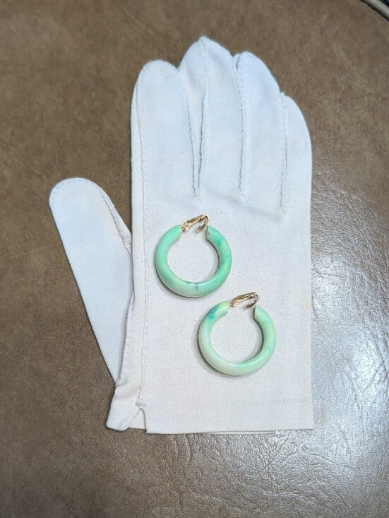 Retro Mint Green Resin Hoop Clip-On Earrings Vintage MCM 1" Hoops