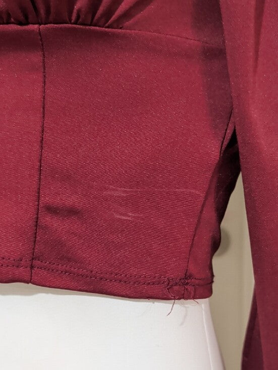 Live In The Moment Ruched Square-Neck Burgundy Long Sleeve Crop Top Women's M