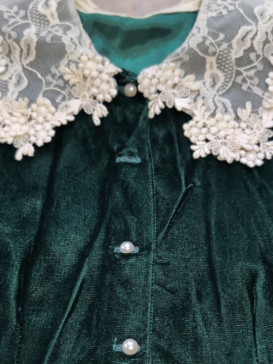 VTG Sarah Kent Emerald Green Velvet Dress w/ Lace Collar Girls 10-12 (Youth Medium)