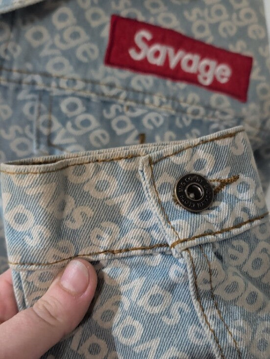 Savage Denim Monogram Logo Print Trucker Jean Jacket Men's Medium Y2K