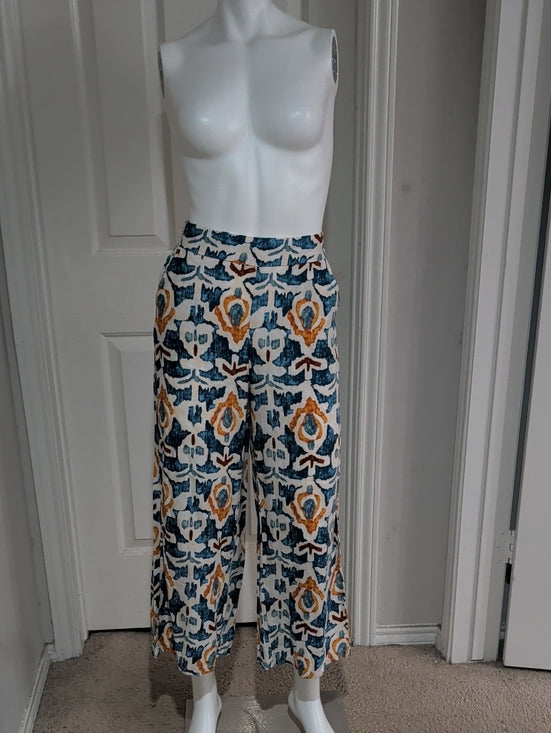 Christian Siriano Teal Navy and Mustard Wide-Leg Printed Pants Women's Small