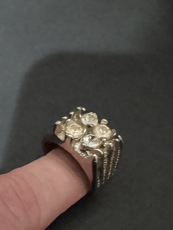 Vintage Brutalist Silver-Tone Cluster Crystal Ring Costume Jewelry Sz 10