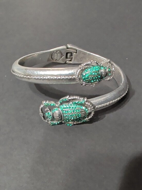 Lucky Brand Silver Scarab Bracelet with Green Crystal Accents