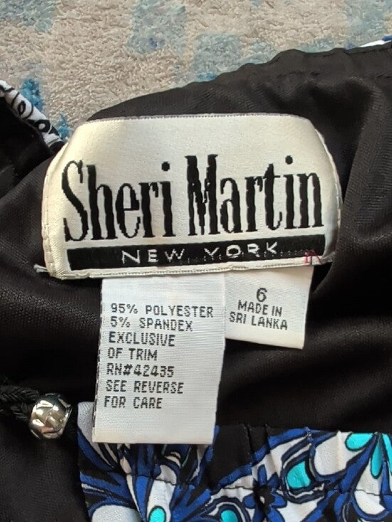VTG Sheri Martin Navy & Turquoise Mosaic Print Spaghetti Strap Maxi Dress 6 US