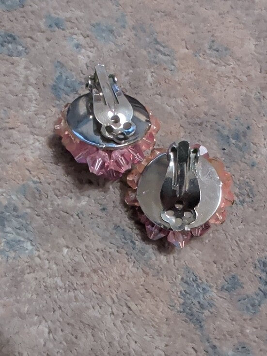 VTG Pink Crystal 1" Cluster Clip-On Earrings - Retro Costume Jewelry