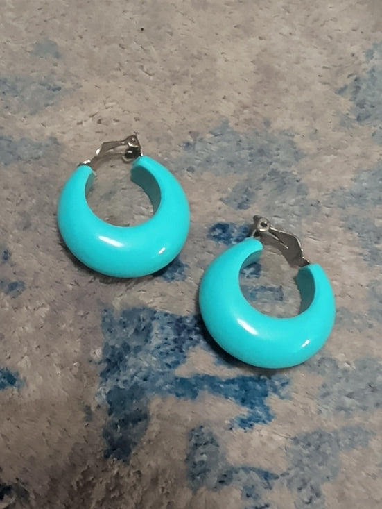 Retro Bright Turquoise 1" Hoop Earrings - Women's VTG Costume Jewelry