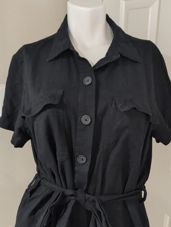 Matty M Black Short Sleeve Tie-Waist Linen Jumper Women's Large
