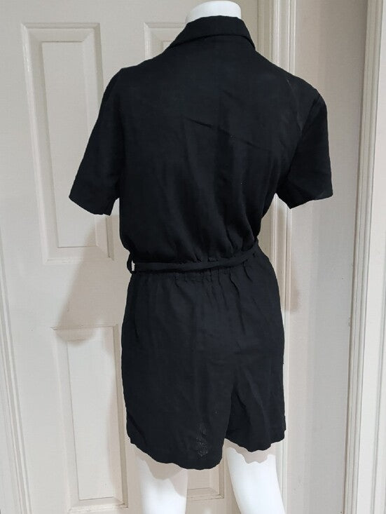 Matty M Black Short Sleeve Tie-Waist Linen Jumper Women's Large