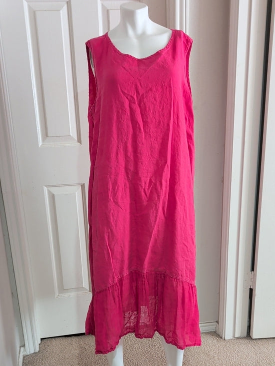 Vintage FLAX by Jeanne Engelhart 100% Linen Sleeveless Maxi Dress in Hot Pink Women's 1G