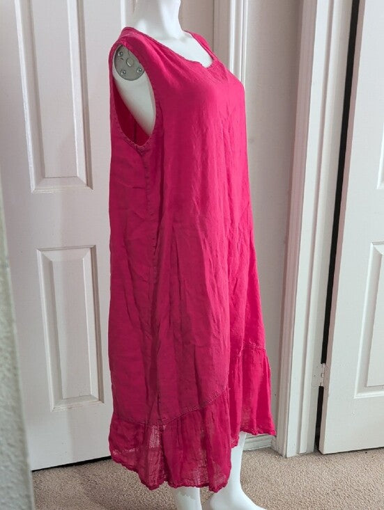 Vintage FLAX by Jeanne Engelhart 100% Linen Sleeveless Maxi Dress in Hot Pink Women's 1G