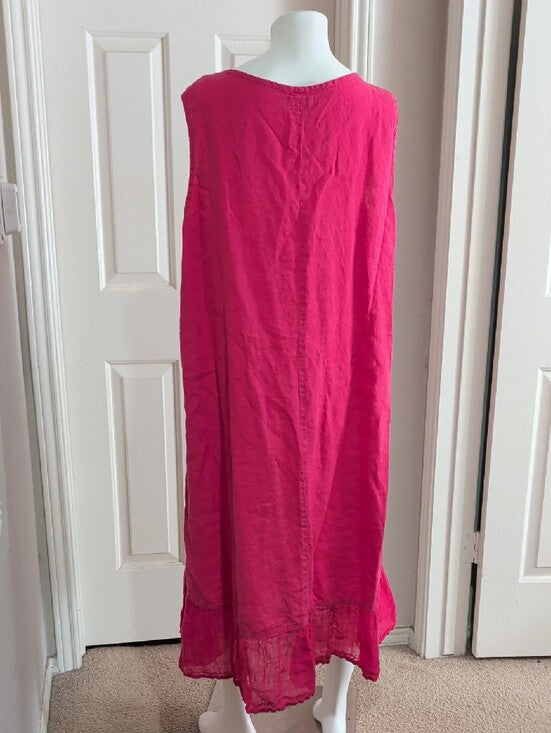 Vintage FLAX by Jeanne Engelhart 100% Linen Sleeveless Maxi Dress in Hot Pink Women's 1G