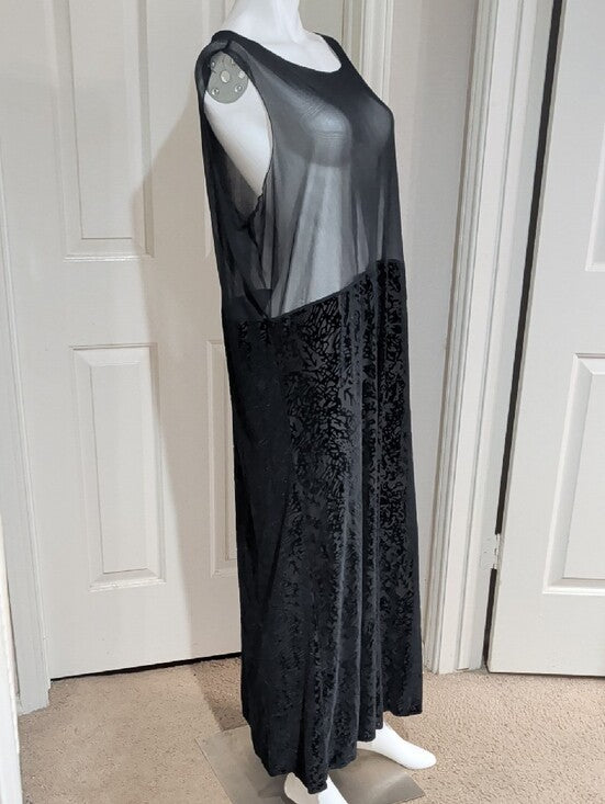 Vintage 90's J. Jill Sleeveless Mesh Sheer Bodice Velvet Burnout Black Maxi Dress Women's 3X