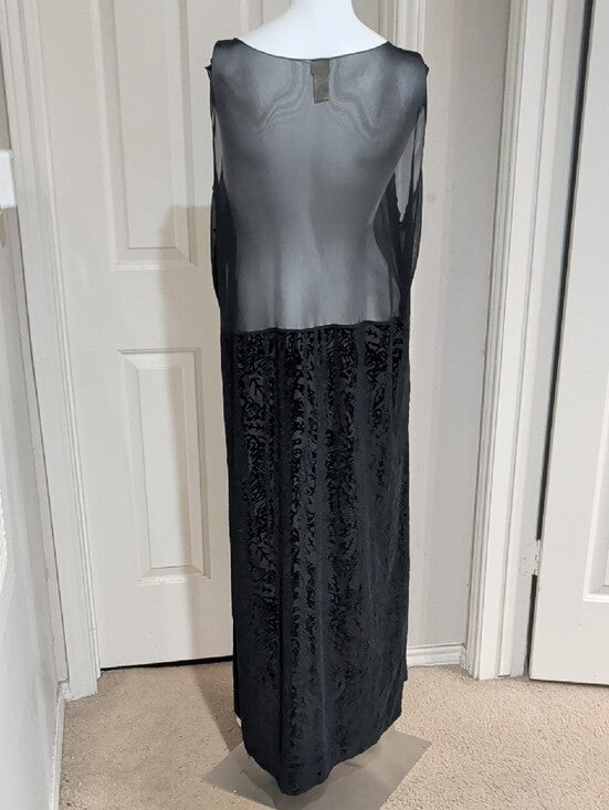 Vintage 90's J. Jill Sleeveless Mesh Sheer Bodice Velvet Burnout Black Maxi Dress Women's 3X
