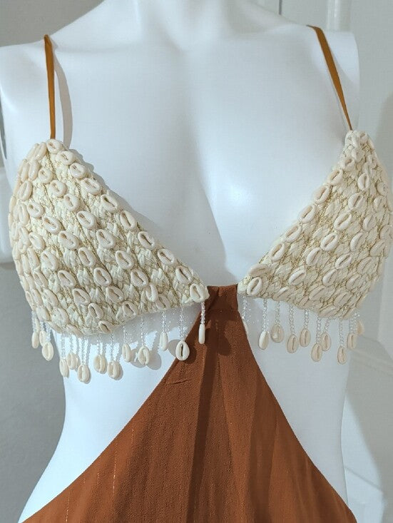 Fashion Nova Backless Maxi Dress w/ Crochet Bodice in Cream & Rust Women's Large