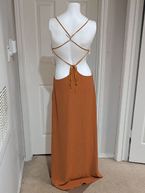 Fashion Nova Backless Maxi Dress w/ Crochet Bodice in Cream & Rust Women's Large
