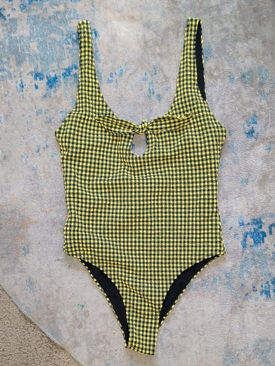 NWOT Zara Yellow & Black Gingham One-Piece Swimsuit w/ Front Knot Women's Small