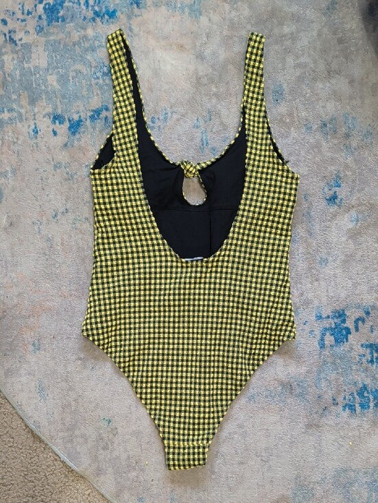 NWOT Zara Yellow & Black Gingham One-Piece Swimsuit w/ Front Knot Women's Small
