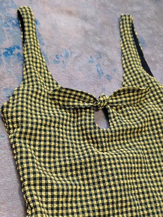 NWOT Zara Yellow & Black Gingham One-Piece Swimsuit w/ Front Knot Women's Small