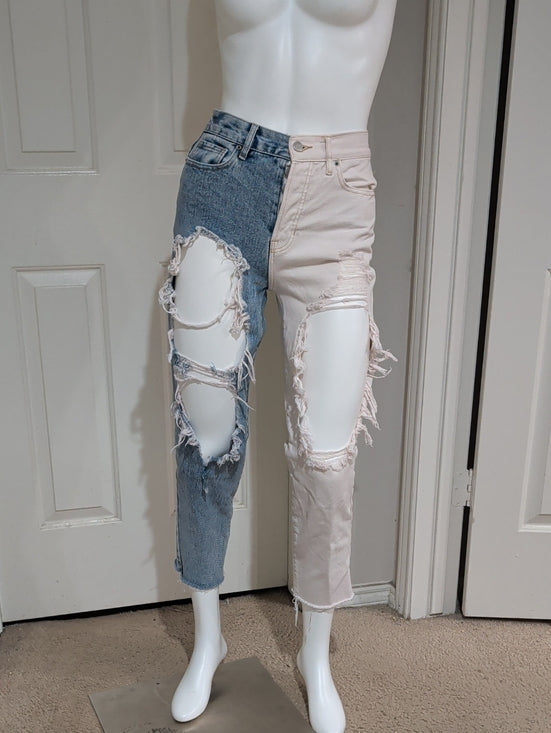 Pacsun Two-Tone Distressed Ankle Jeans in Blue and Cream Women's 24 US