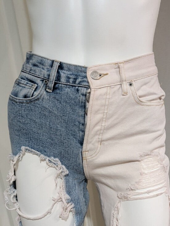 Pacsun Two-Tone Distressed Ankle Jeans in Blue and Cream Women's 24 US