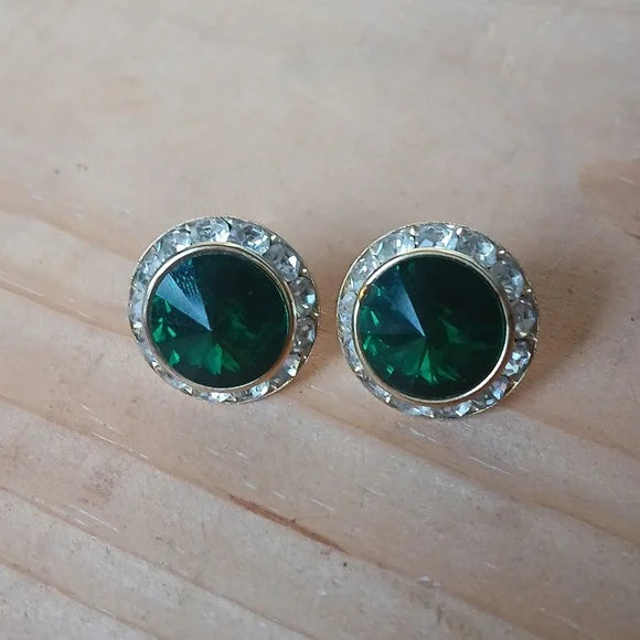 Vintage Emerald Green Rivoli Rhinestone Halo Round Gold Tone Earrings