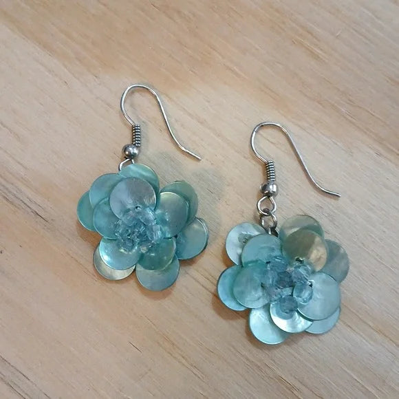 Handmade Elegant Blue Shell Floral Earrings