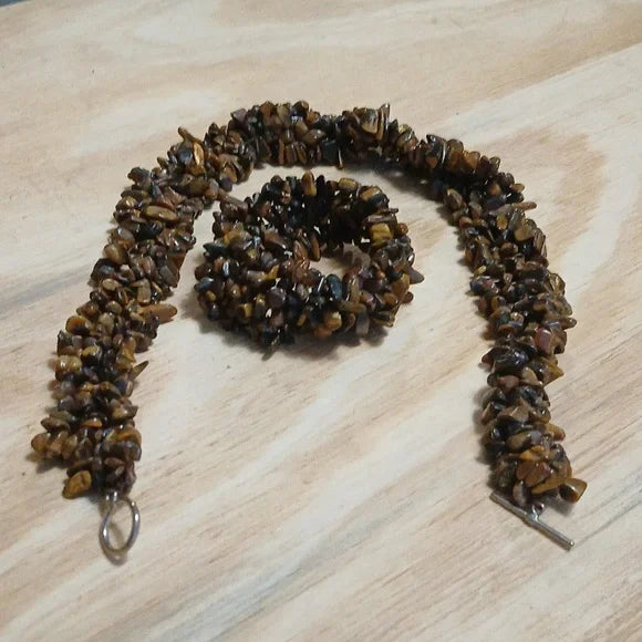 Brown Tigers Eye Stone Beaded Necklace and Bracelet Set