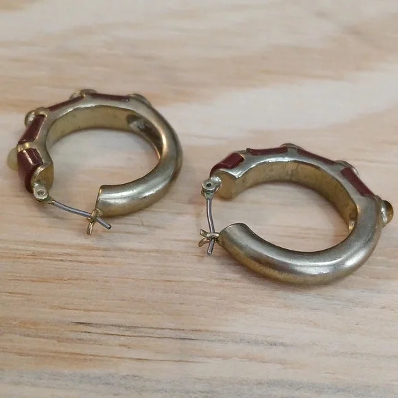 Retro Gold and Red Hoop Earrings Vintage