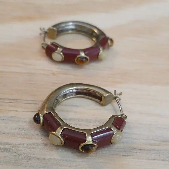 Retro Gold and Red Hoop Earrings Vintage