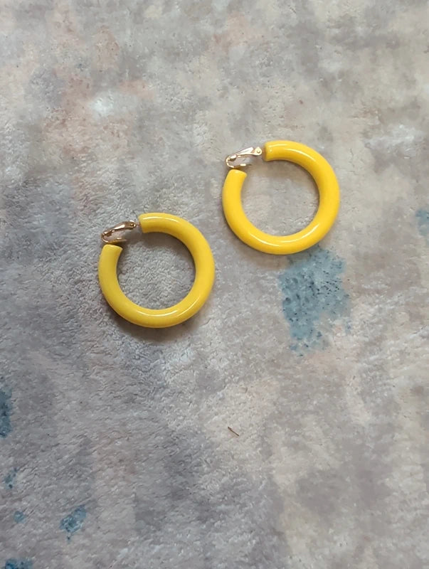 Vintage Yellow Hoop Clip-On Earrings Costume Jewelry Retro