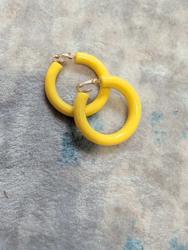 Vintage Yellow Hoop Clip-On Earrings Costume Jewelry Retro