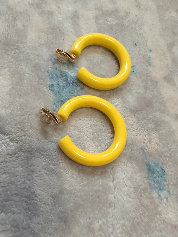 Vintage Yellow Hoop Clip-On Earrings Costume Jewelry Retro
