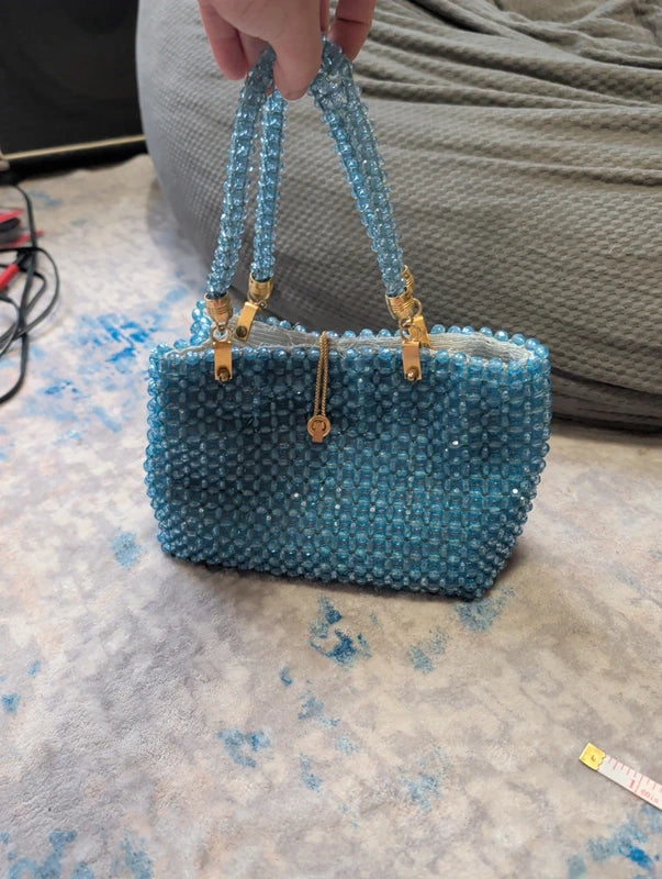Vintage Barbara Lee Blue Beaded Purse Gold Accents Small Retro