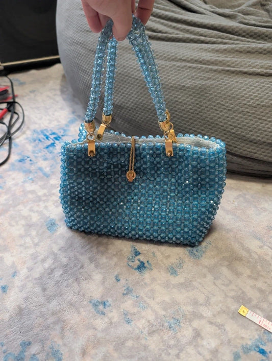 Vintage Barbara Lee Blue Beaded Purse Gold Accents Small Retro