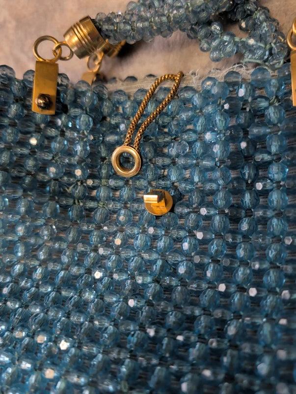 Vintage Barbara Lee Blue Beaded Purse Gold Accents Small Retro