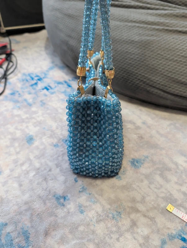 Vintage Barbara Lee Blue Beaded Purse Gold Accents Small Retro