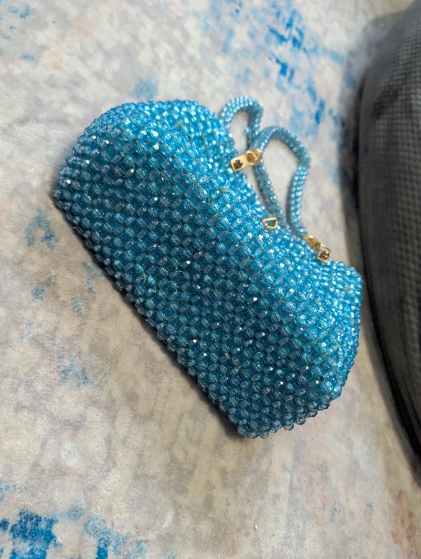 Vintage Barbara Lee Blue Beaded Purse Gold Accents Small Retro