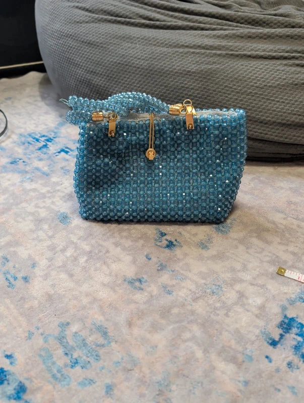 Vintage Barbara Lee Blue Beaded Purse Gold Accents Small Retro