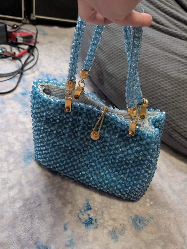 Vintage Barbara Lee Blue Beaded Purse Gold Accents Small Retro