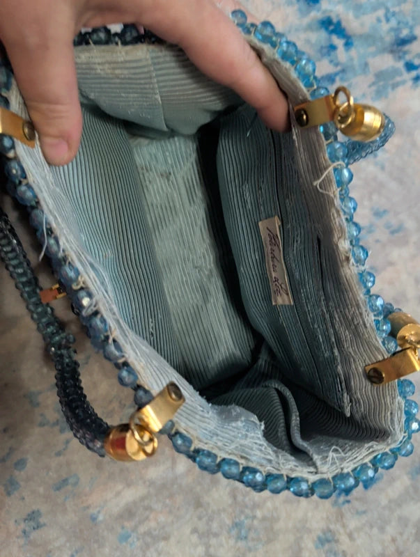 Vintage Barbara Lee Blue Beaded Purse Gold Accents Small Retro